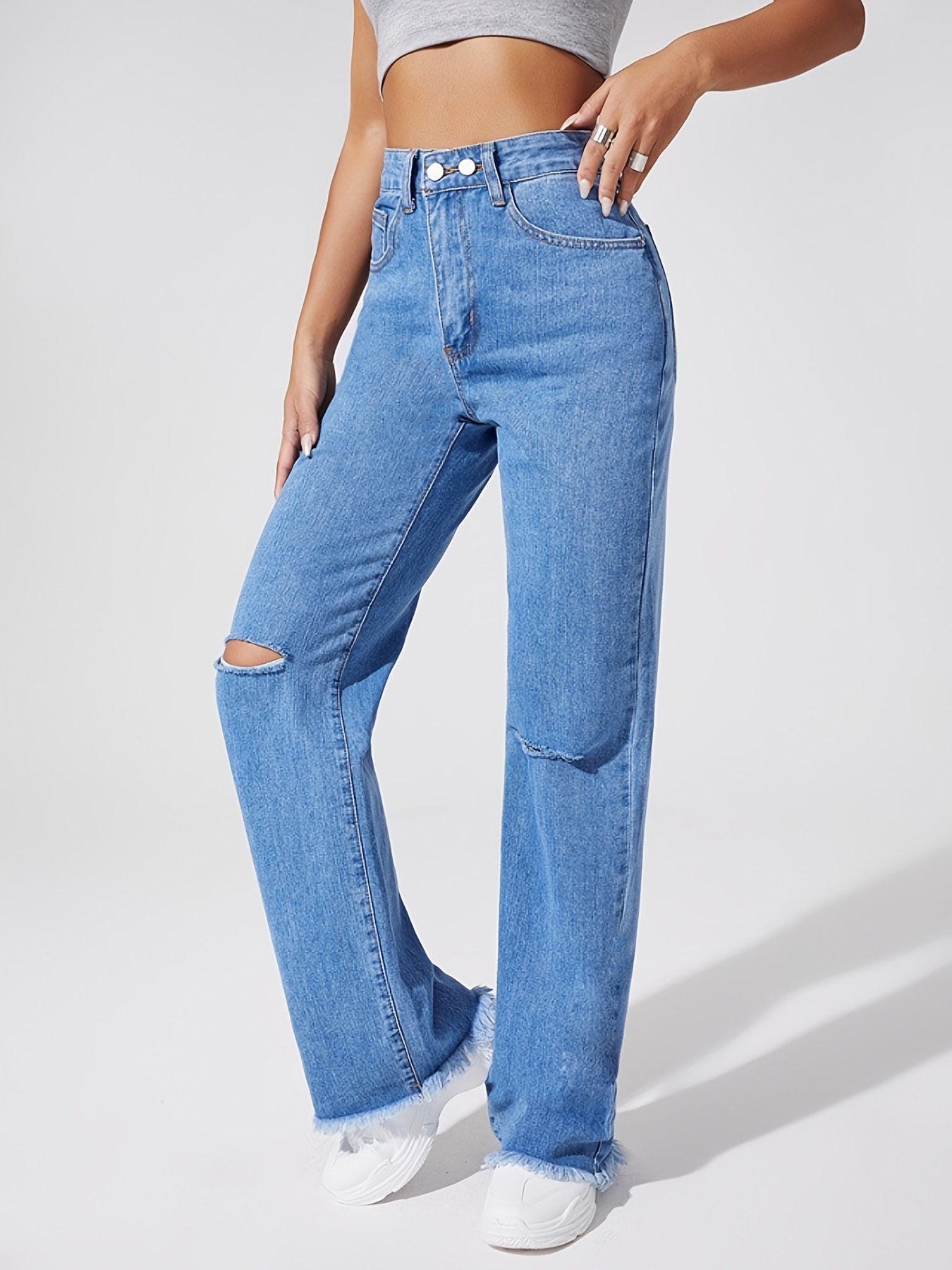 Blue Hem Straight Jeans Ripped Hem Distressed High - Temu