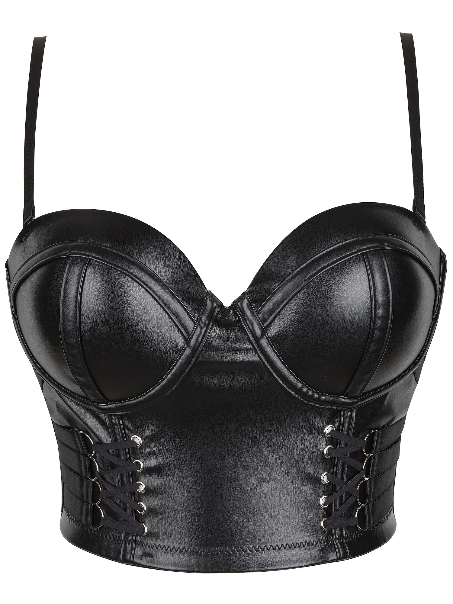 Pu Leather Black Bustier Cami Top Sexy V Neck Push Up Solid Corset ...
