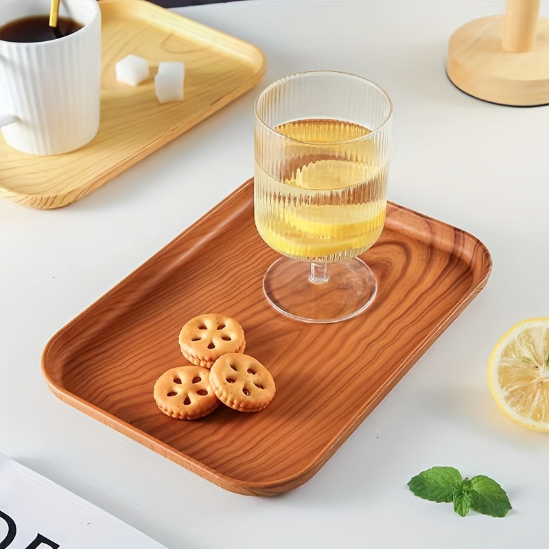 1pc Light Wood-colored Plastic Rectangular Coffee Tray, Tea Cup Tray,  Plastic Wood Grain Dessert Tray, Decorative Fruit Tray, Breakfast Tray,  Multifunctional Snack Tray, Kitchen & Dining, Kitchen Decor, Ideal For Food  Party