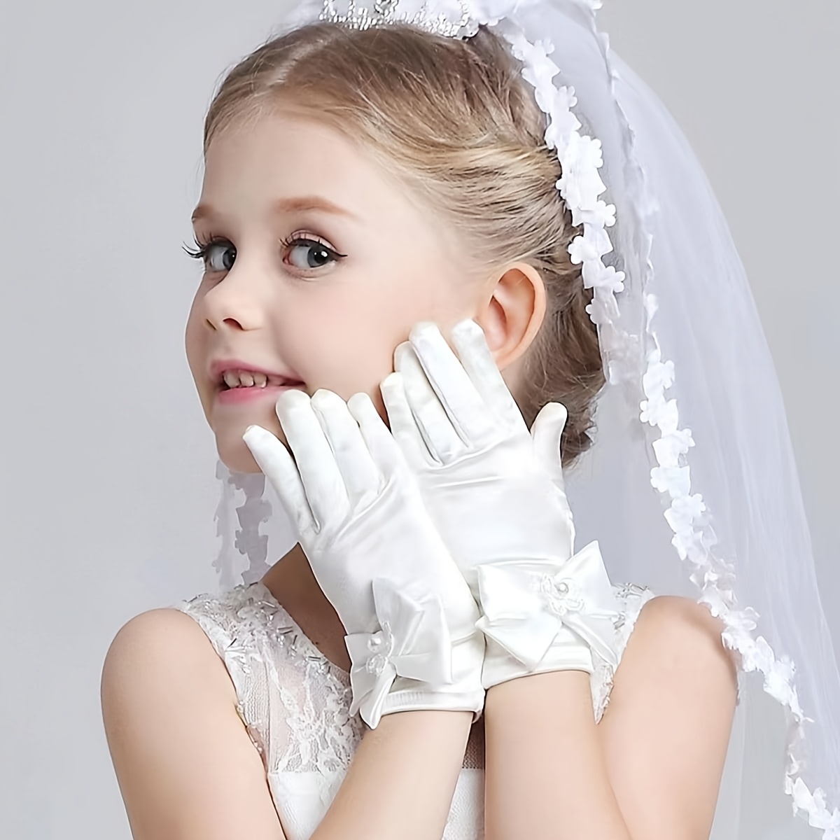 1pair Faux Pearl Decor White Gloves Elegant Satin Gauze Wedding