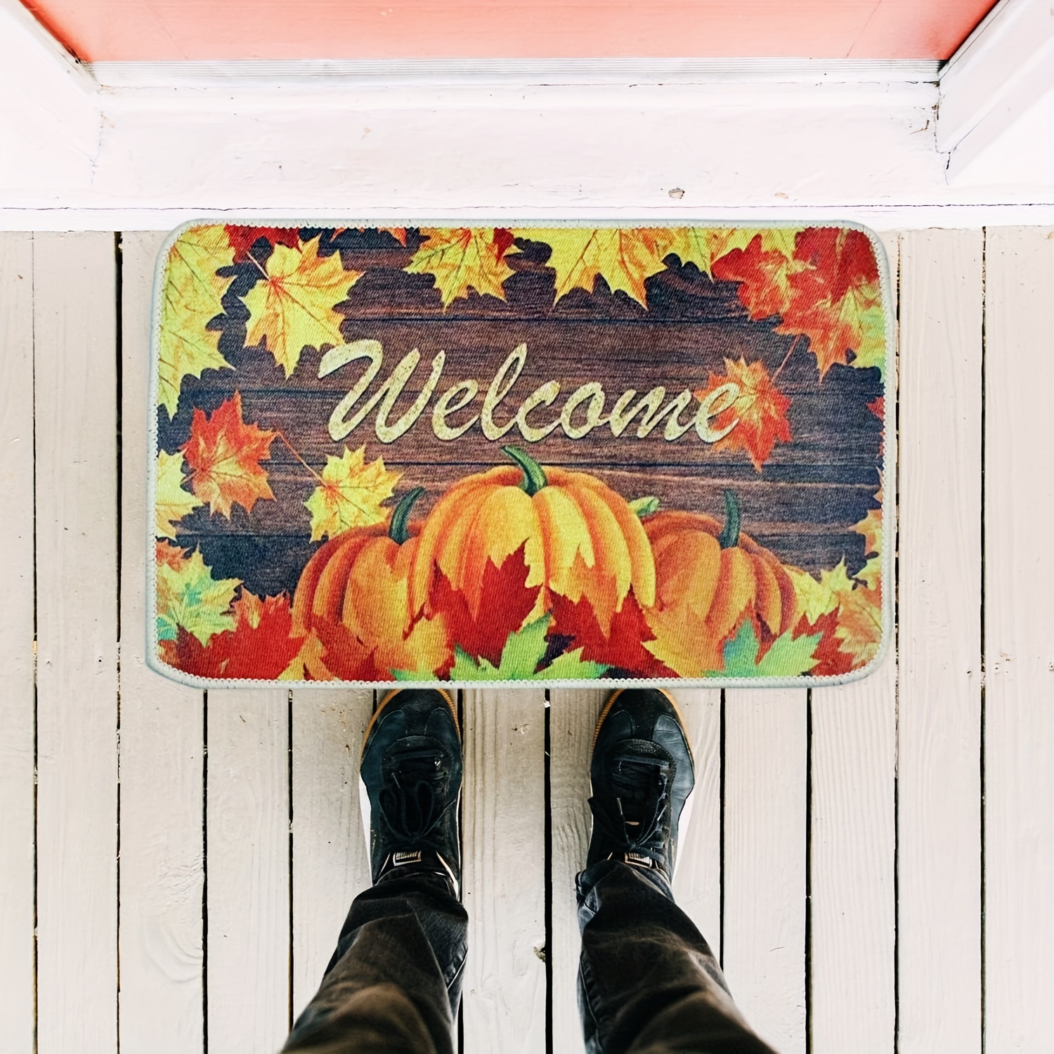 Hello Autumn Welcome Doormat, Fall Leaves Themed Door Mat, Autumn