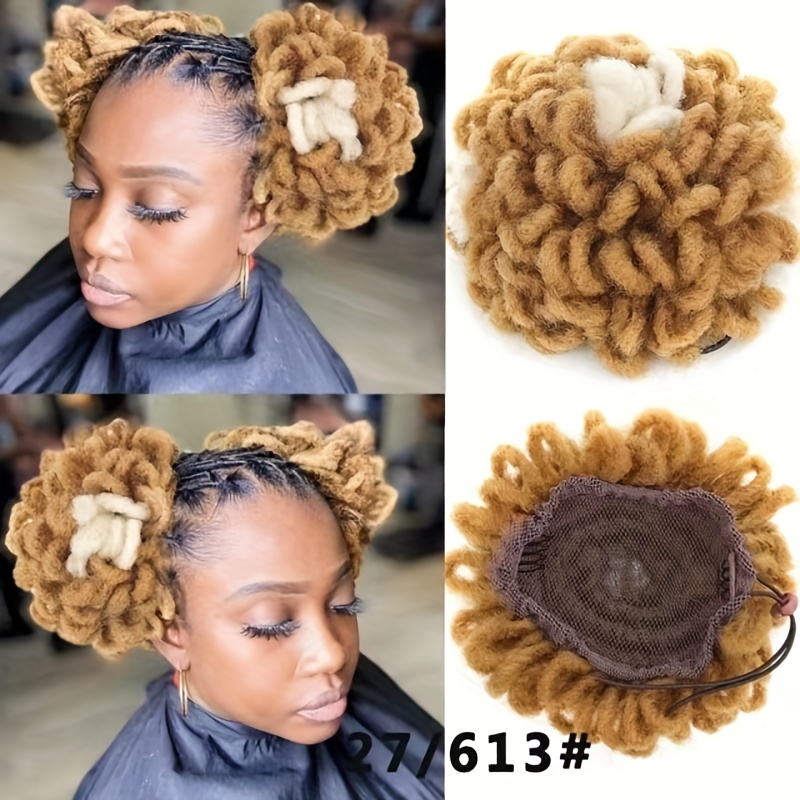 Afro Puff Drawstring Ponytail Dreadlocks Bun LOC Petal Hair Chignon Faux Locs Braided Ponytail Clip in Chignon Scrunchies Hairpiece for Women Girls
