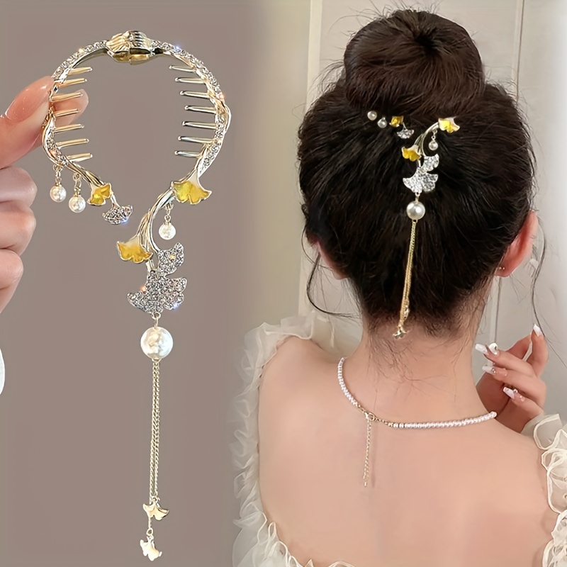 Vintage Luxury Butterfly Tassel Ponytail Buckle Clip, Rhinestone Metal  Hairpin With Faux Pearl Design, Hair Accessories For Women