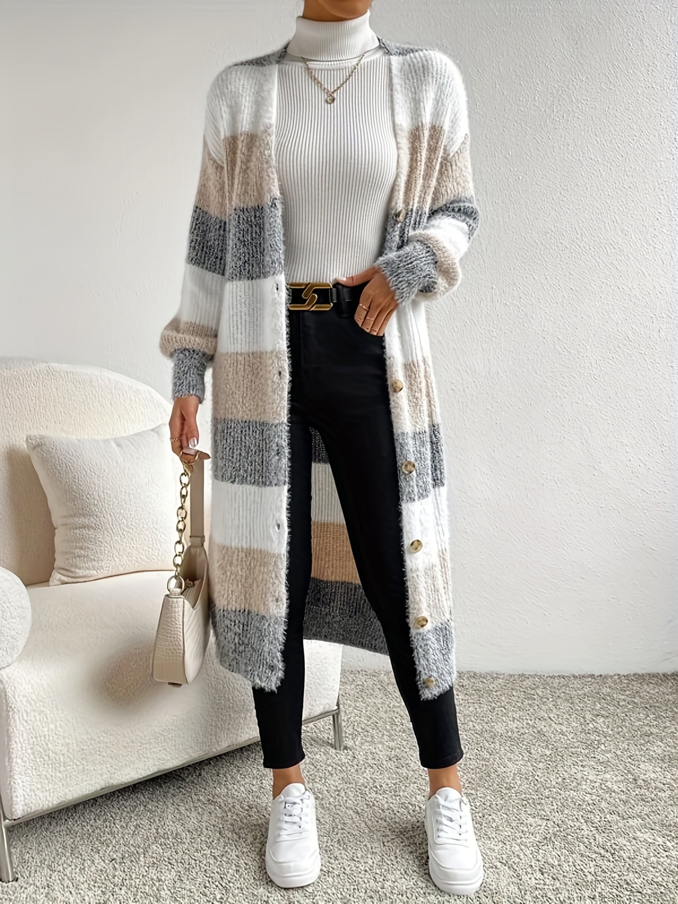 striped button front cardigan casual long sleeve cardigan for spring fall womens clothing mixed color 2