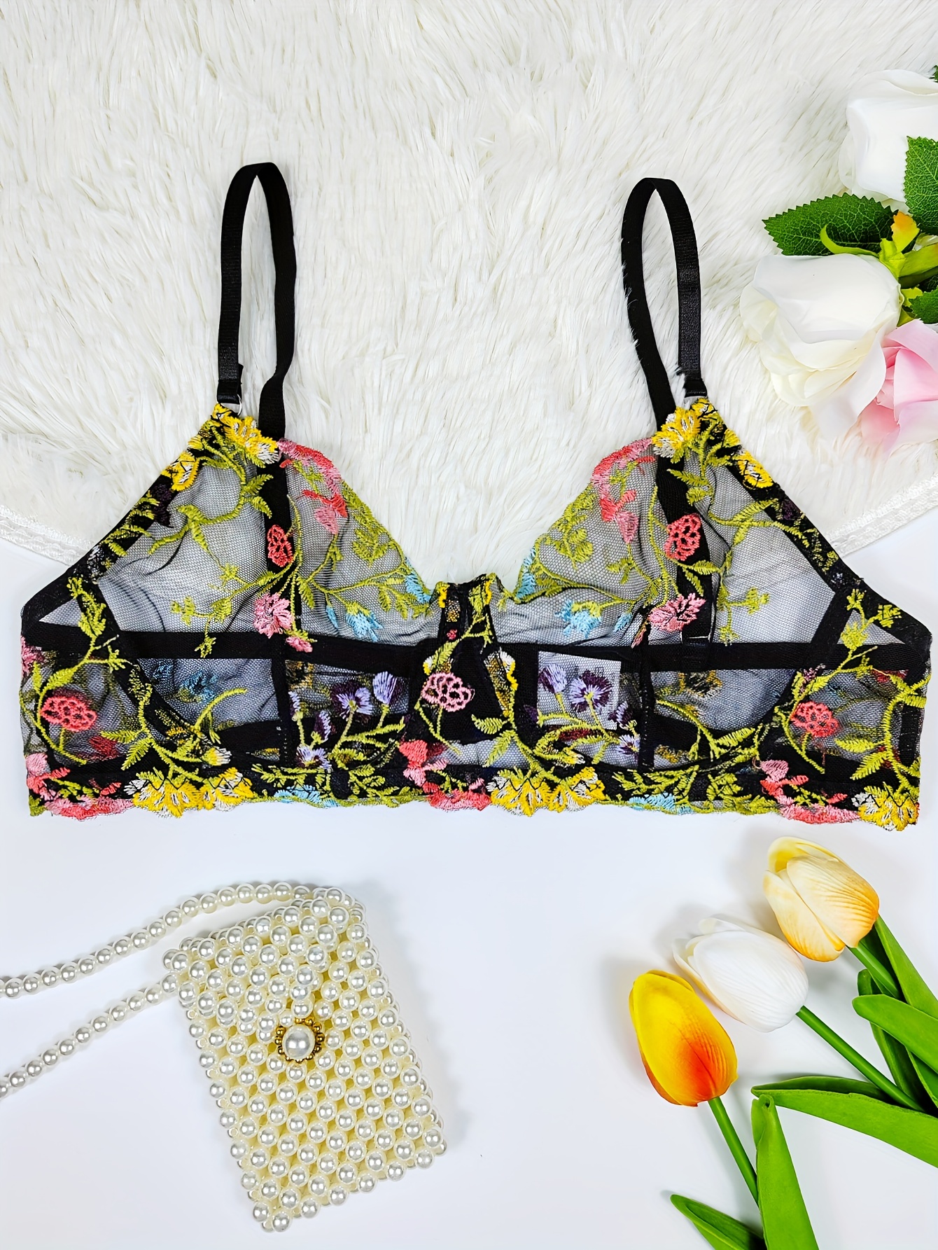 Sexy Floral Embroidery Lingerie Set Sheer Mesh Push Bra - Temu