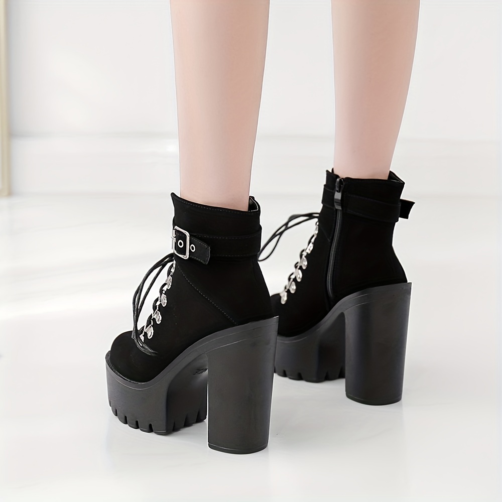 Women's Platform Block High Heels Ankle Boots, Black Round Toe Lace Up  Ankle Buckle Strap Pumps, Fashion Party Motorcycle Short Boots - Temu