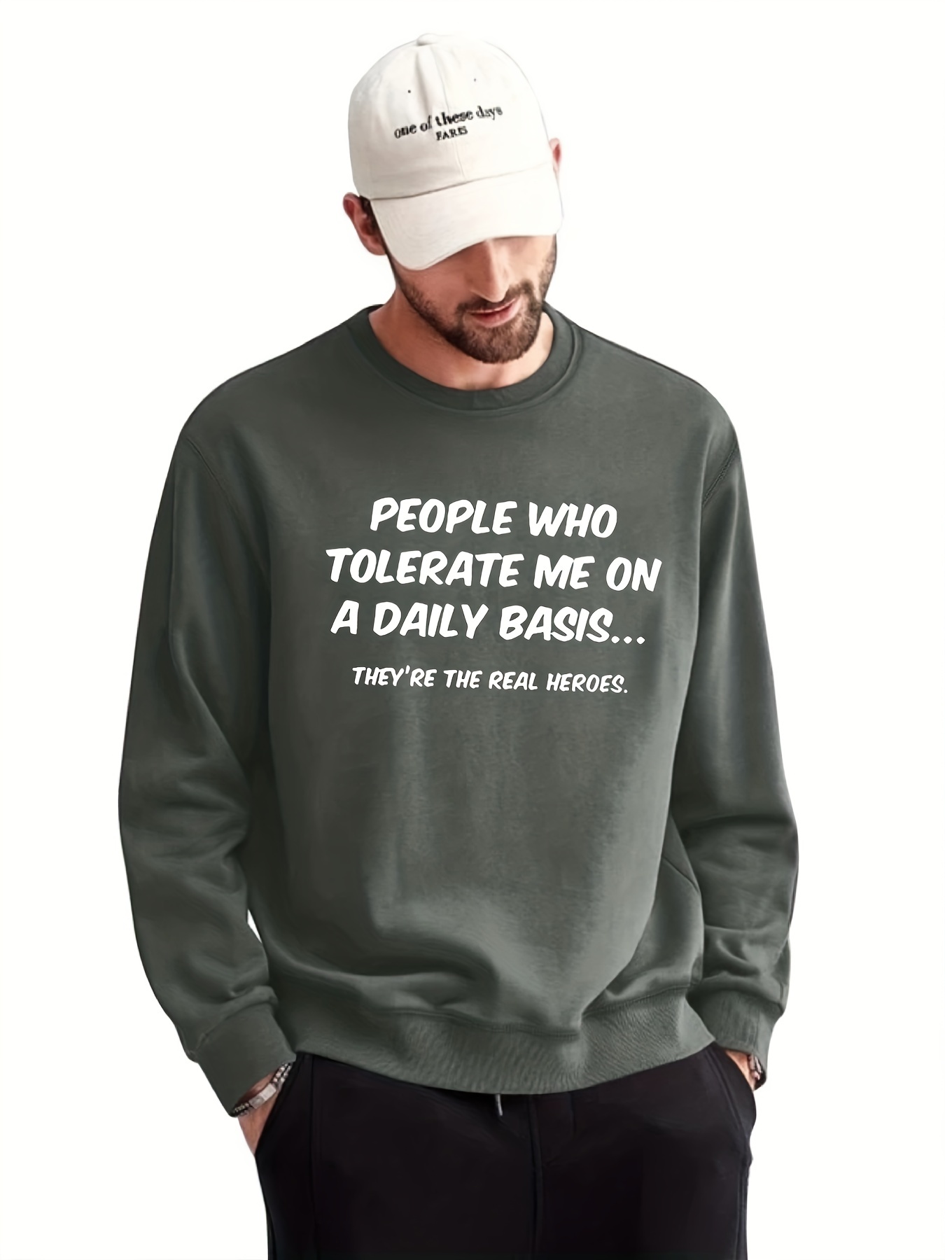 Fish & Funny Fishing Slogan Print Sweatshirt, Men's Casual Graphic Design Slightly Stretch Crew Neck Pullover, Hoodie Sweatshirt for Autumn Winter