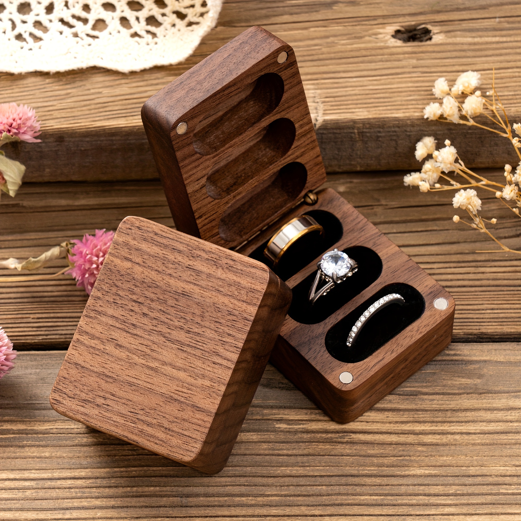 Walnut Wood Ring Box For 3 Slots Rings Wedding Ceremony - Temu