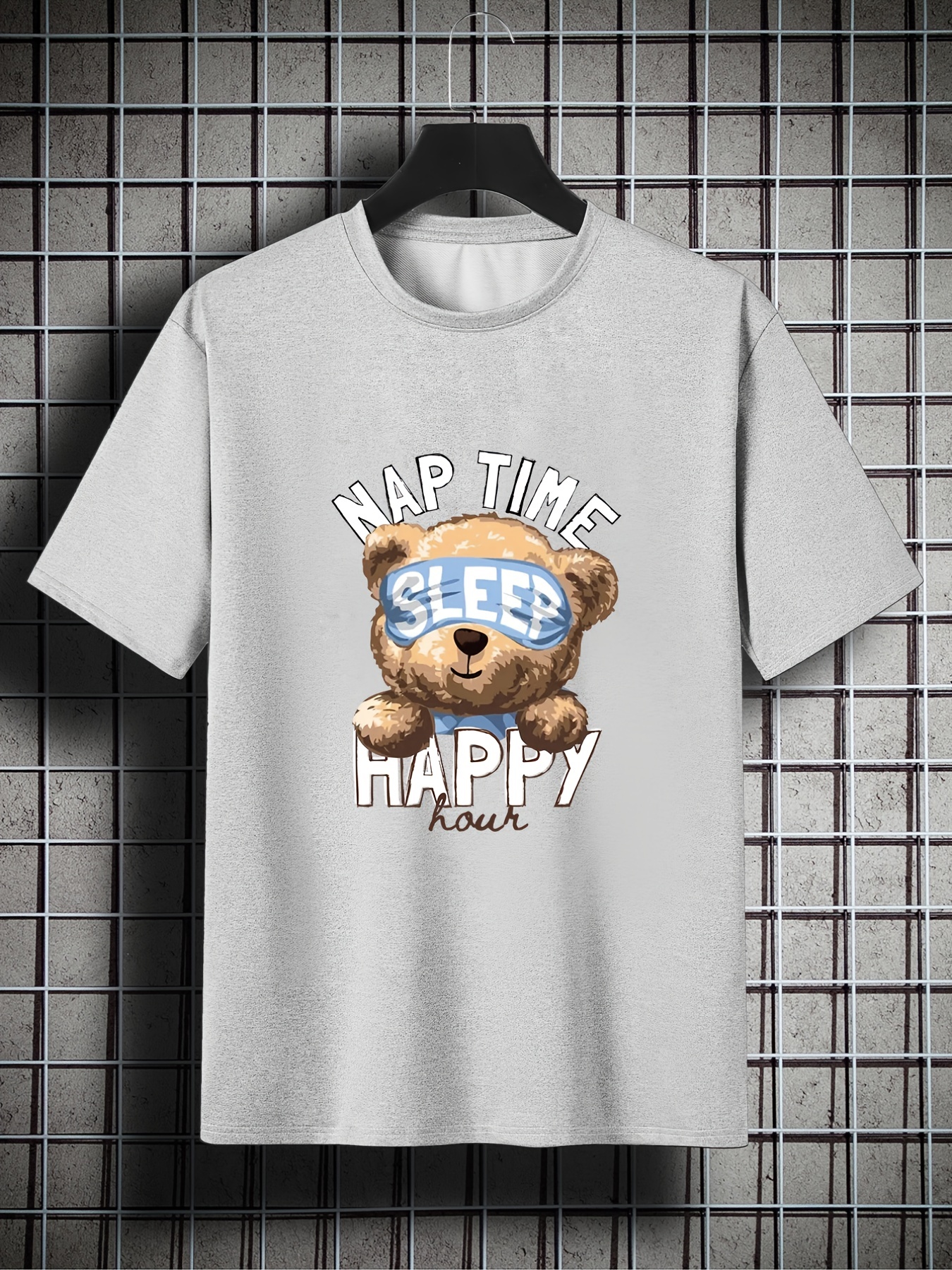 2023 Mens Trendy Plus Size T Shirt Nap Time Happy Bear Print Plain