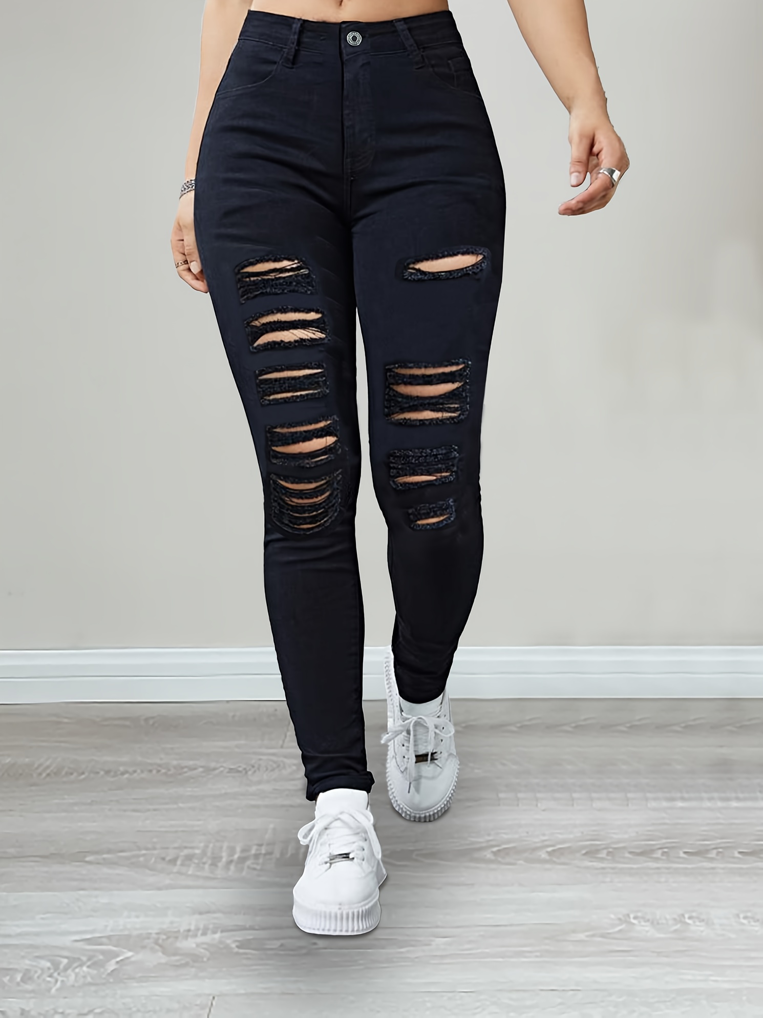 * Ripped Holes Pencil Jeans, Pantalones De Mezclilla De Calle De Estilo De  Botón De Alta Elasticidad, Jeans Y Ropa De Mezclilla Para Mujeres