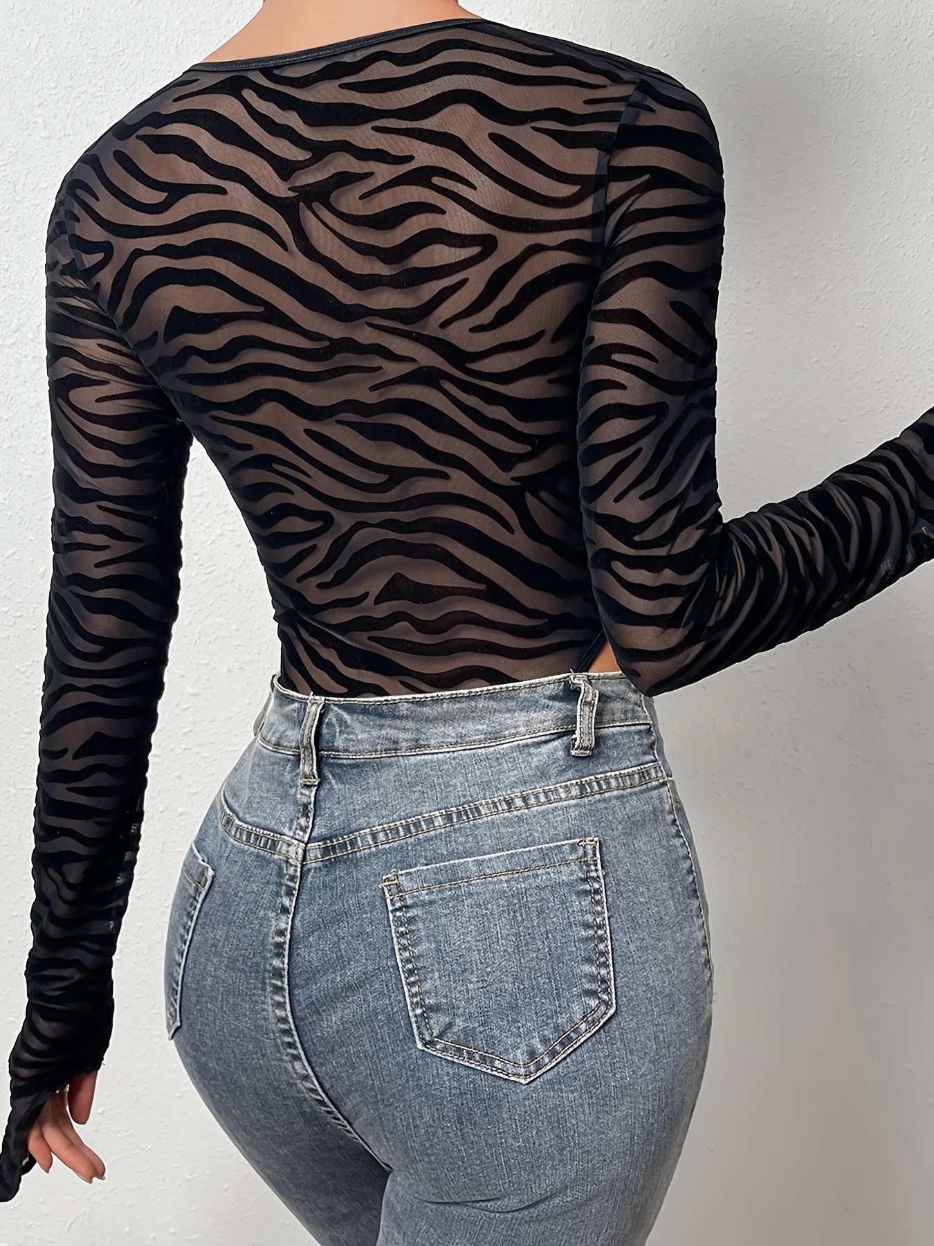 Mesh Zebra Print High Cut Bodysuit Sexy Long Sleeve Sheer - Temu Canada