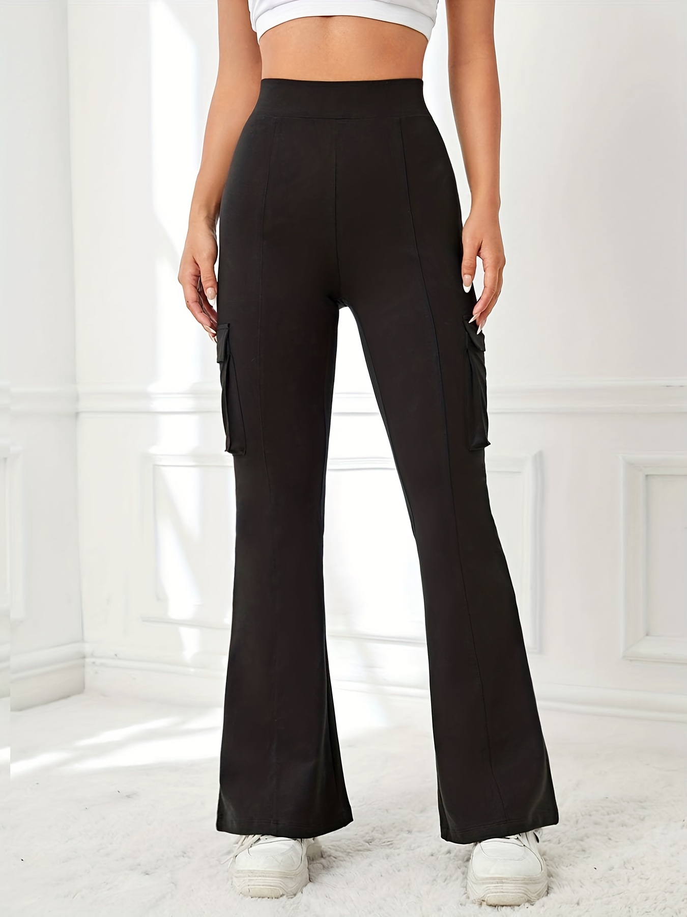 Solid Color Flare Pants Pockets High Stretch Yoga Bootcut - Temu