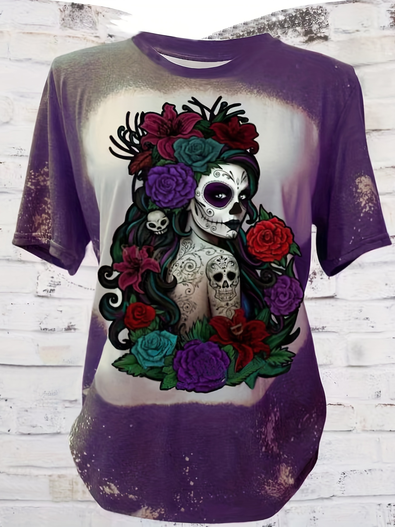 多数販売SKULL&FLOWER PATTERN TEE Tシャツ/カットソー(半袖/袖なし)