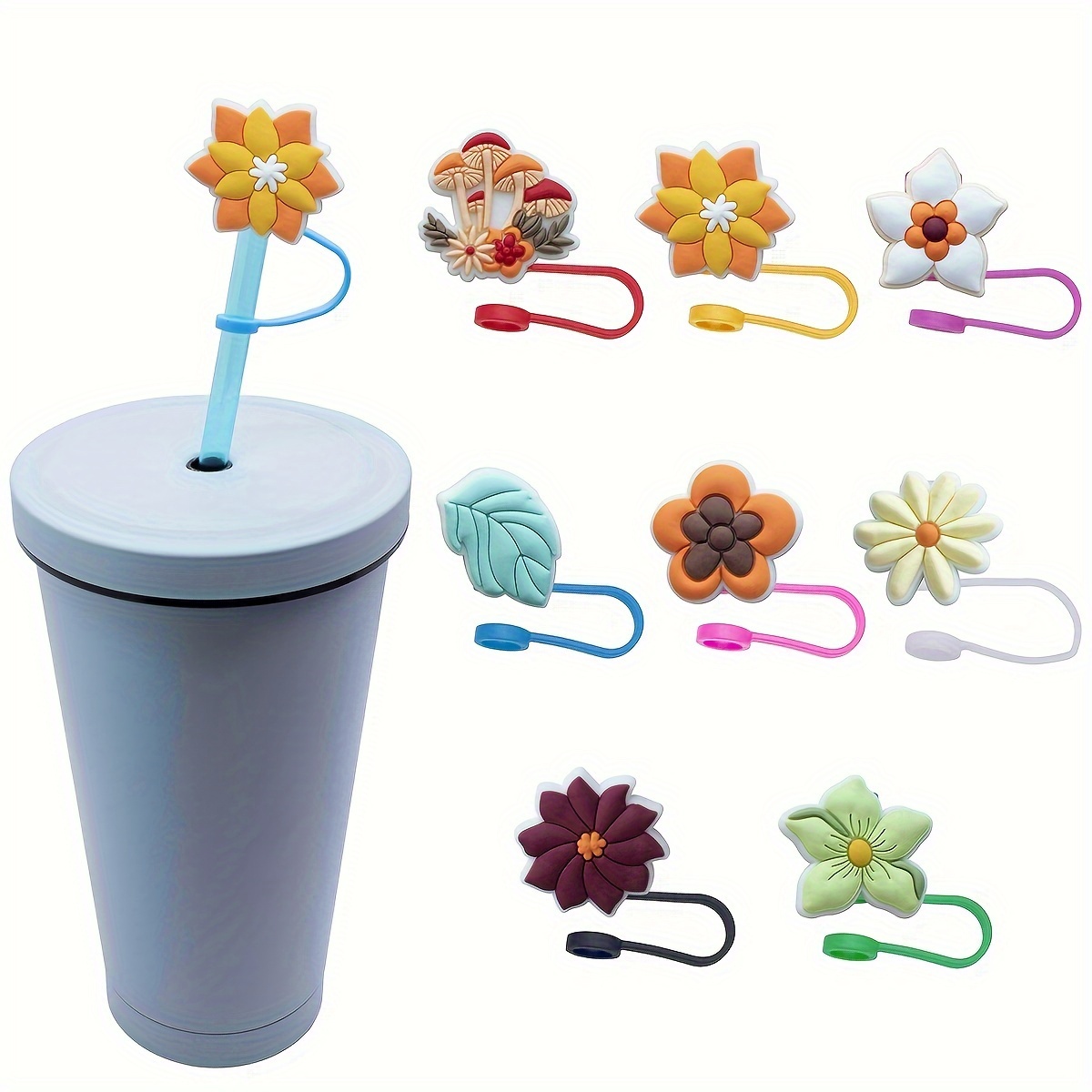 8pcs Straw Cover Cap Reusable Silicone Straw Toppers Cute Drinking
