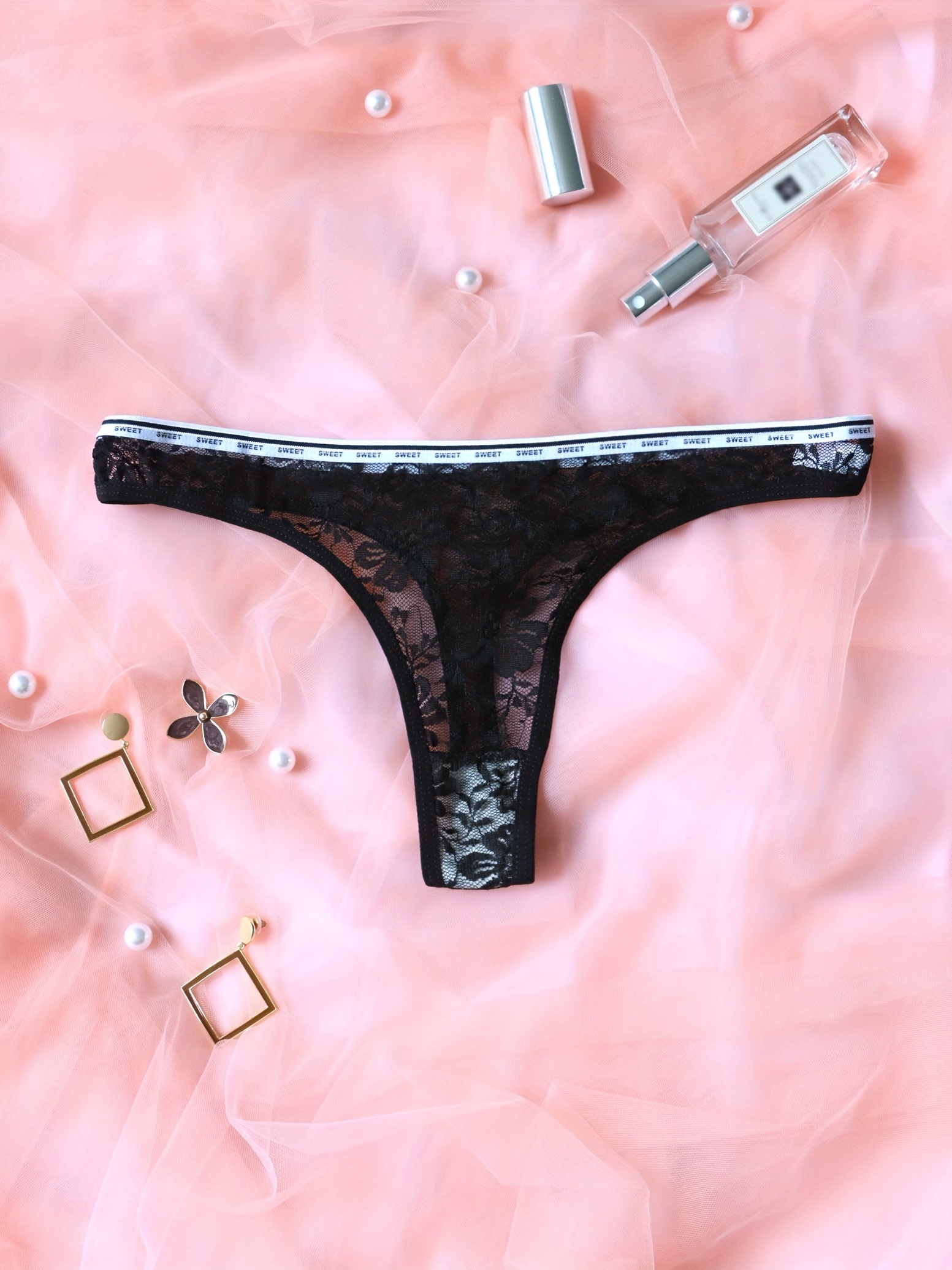 Contrast Lace Thongs Floral Lace Semi sheer Intimates - Temu