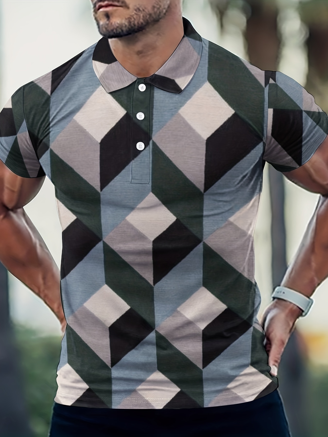 Geometric Pattern Casual Slightly Stretch Button Up Short Sleeve Polo ...