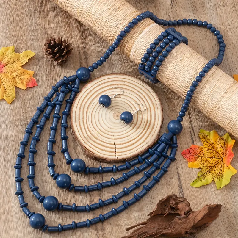 4pcs Earrings + Bracelet + Necklace Boho Style Jewelry, Jewels Set Made of Wooden Beads Match Daily Outfits Party Accessories,Women's Jewelry,Temu