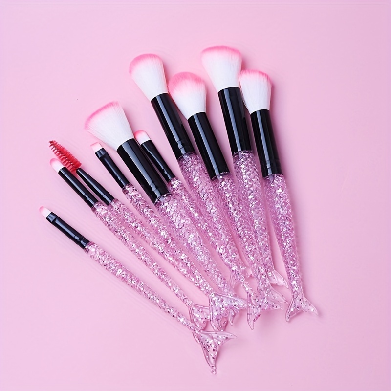 Mermaid Makeup Brush Set 10PCS Crystal Plastic Handle Synthetic Bristles