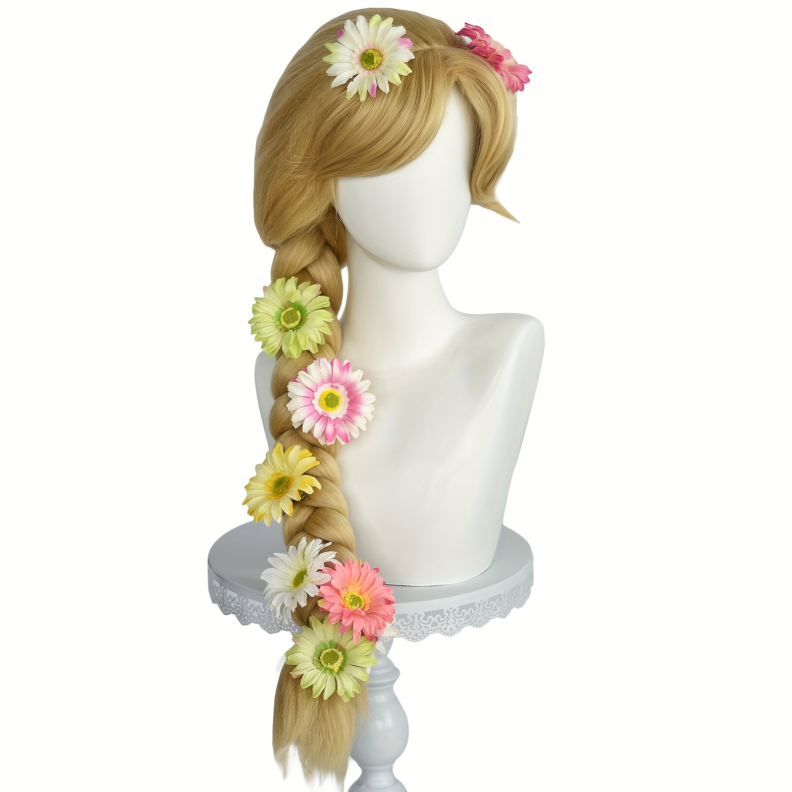 10 Flower Hairpins Color Random Extra Long Blonde Braided Wig Princess Cosplay Wigs With Bangs For Halloween Christmas