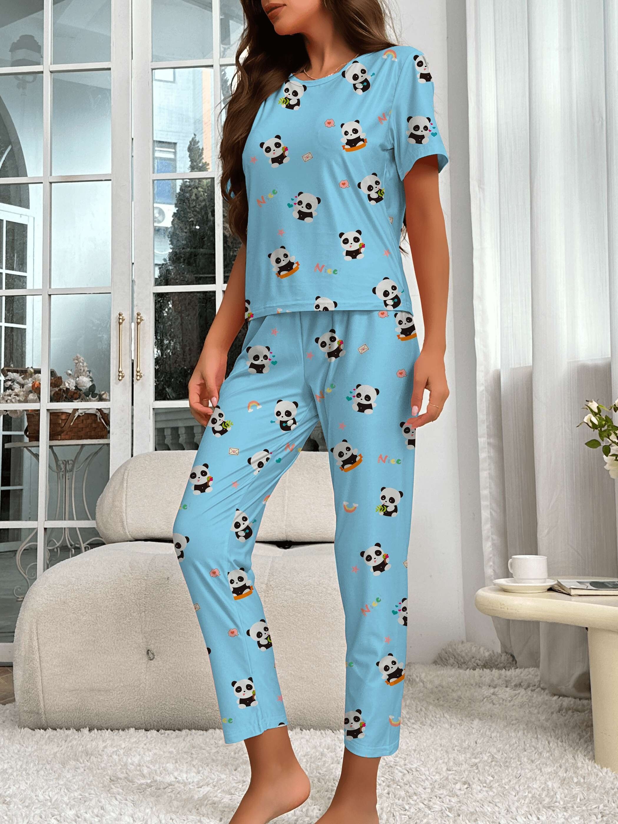 Cartoon Panda Print Pajama Set Short Sleeve Crew Neck Top - Temu