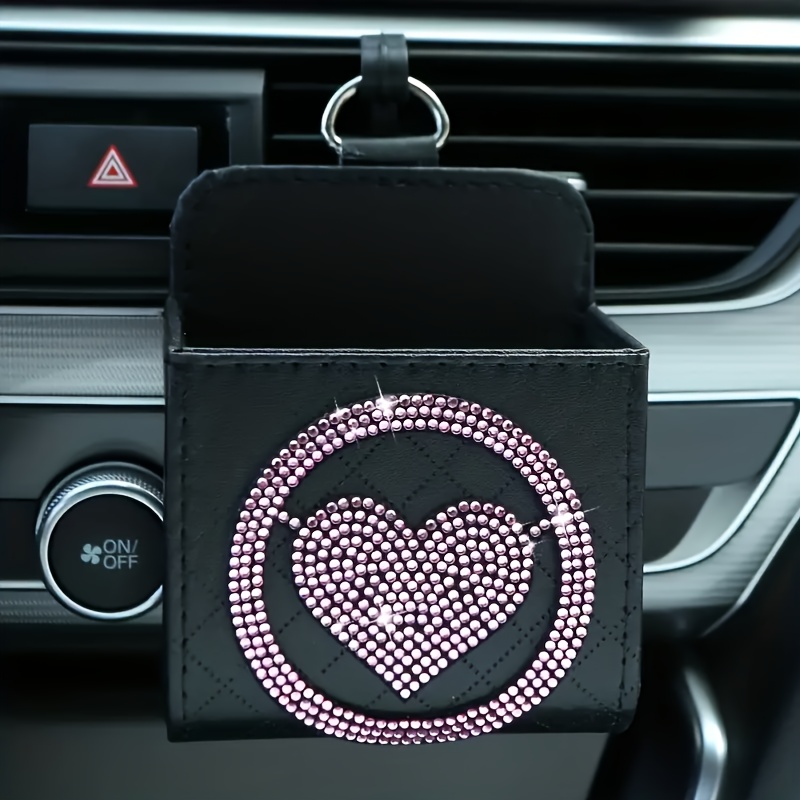 1pc Ladies' Portable & Decorative Pu Rhinestone Checkered Pink