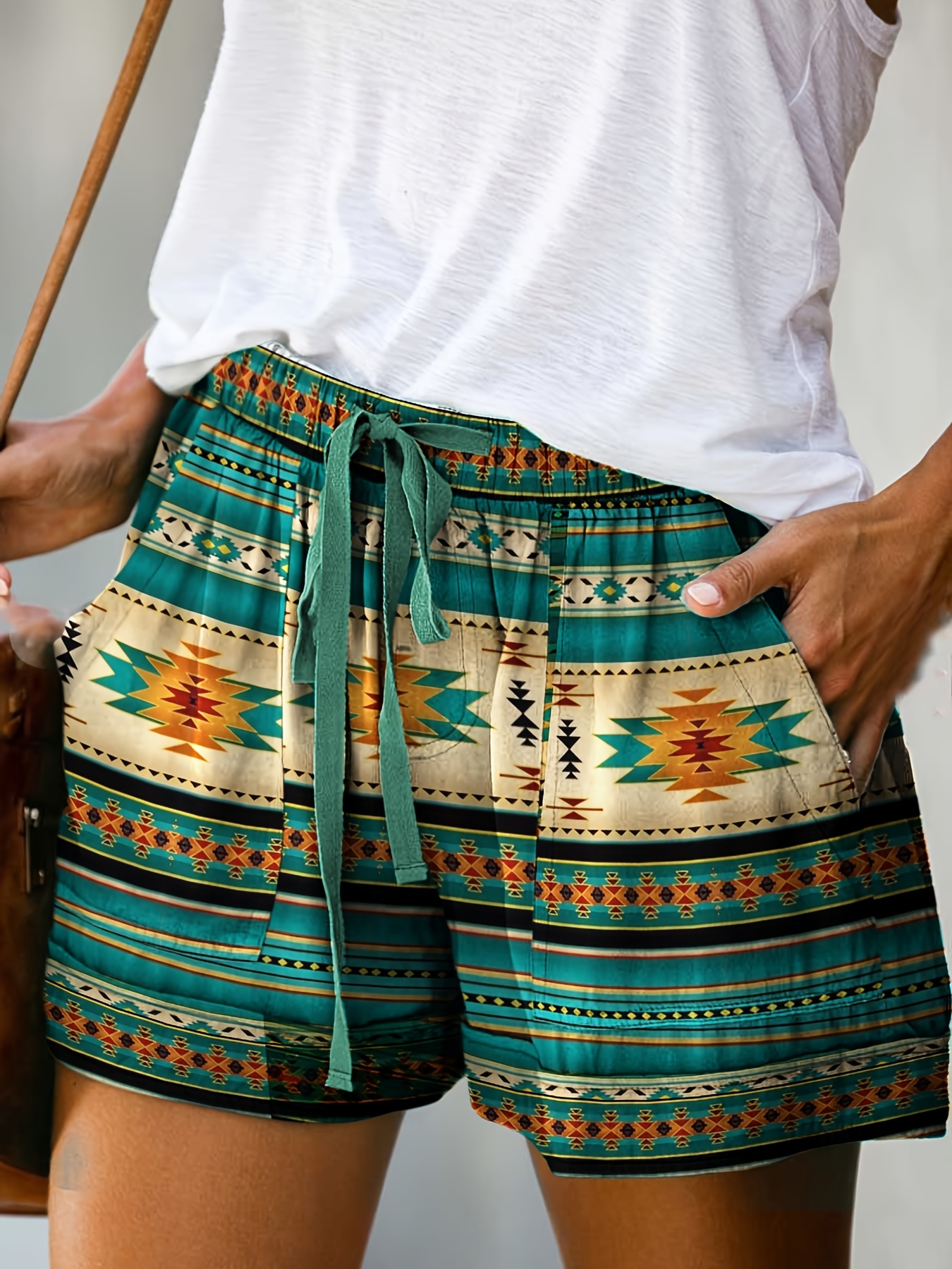 Boho Style Drawstring Shorts Allover Graphic Dual Pockets - Temu Canada