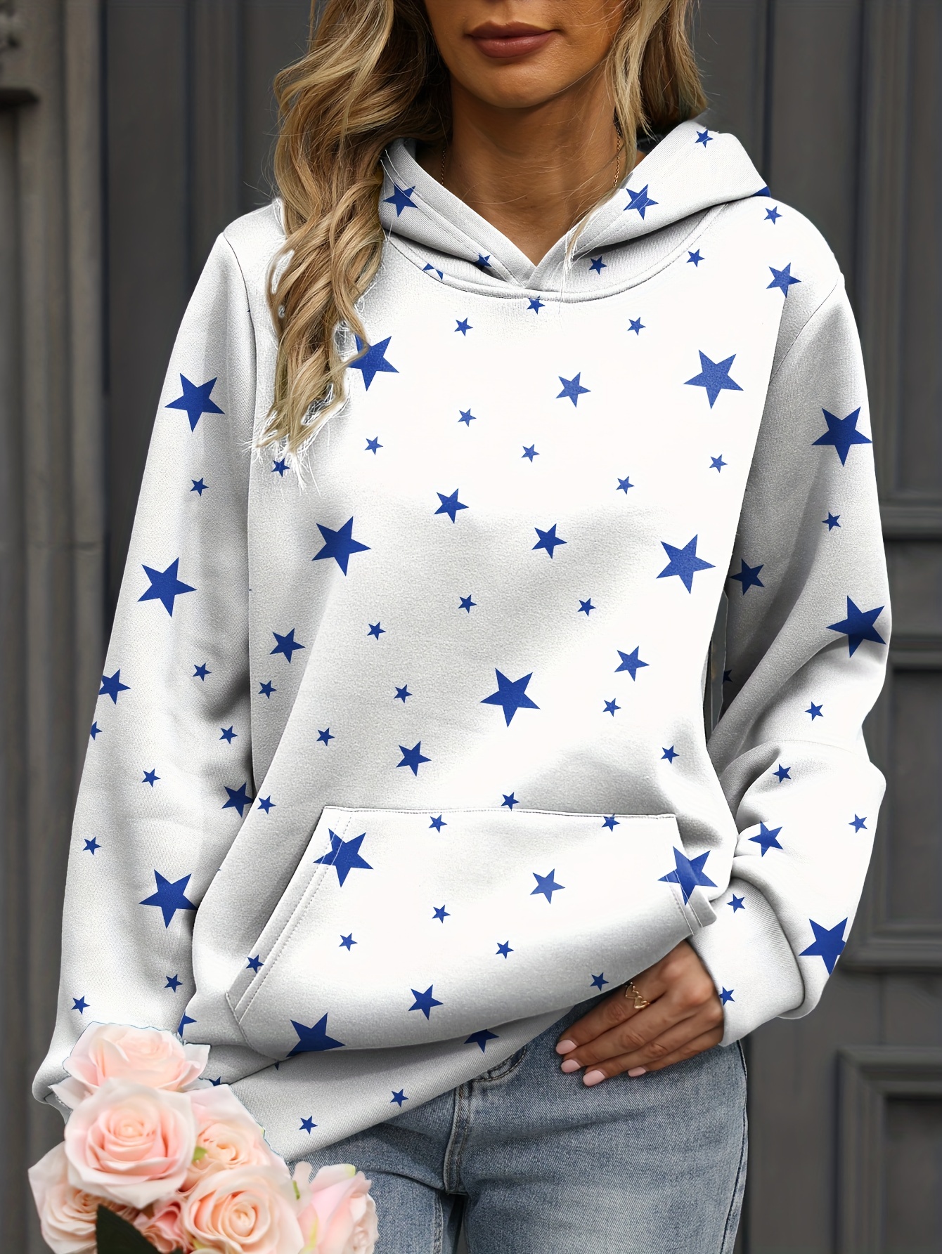 Stars Print Kangaroo Pocket Hoodies Casual Long Sleeve Temu