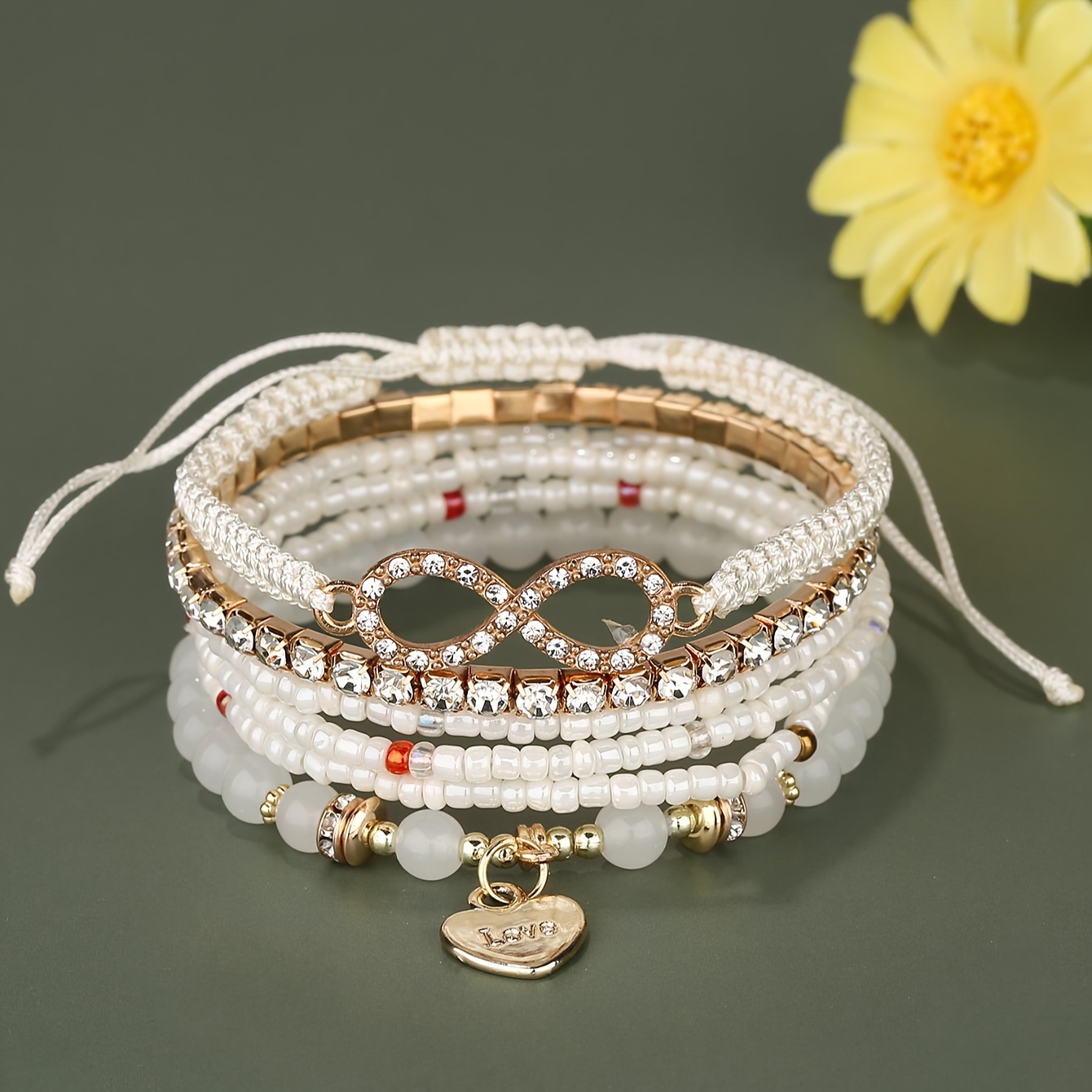 

6 Pcs Set Of Colorful Rice Beads Design Bracelet With Heart Pendant Dainty Bracelet For Women