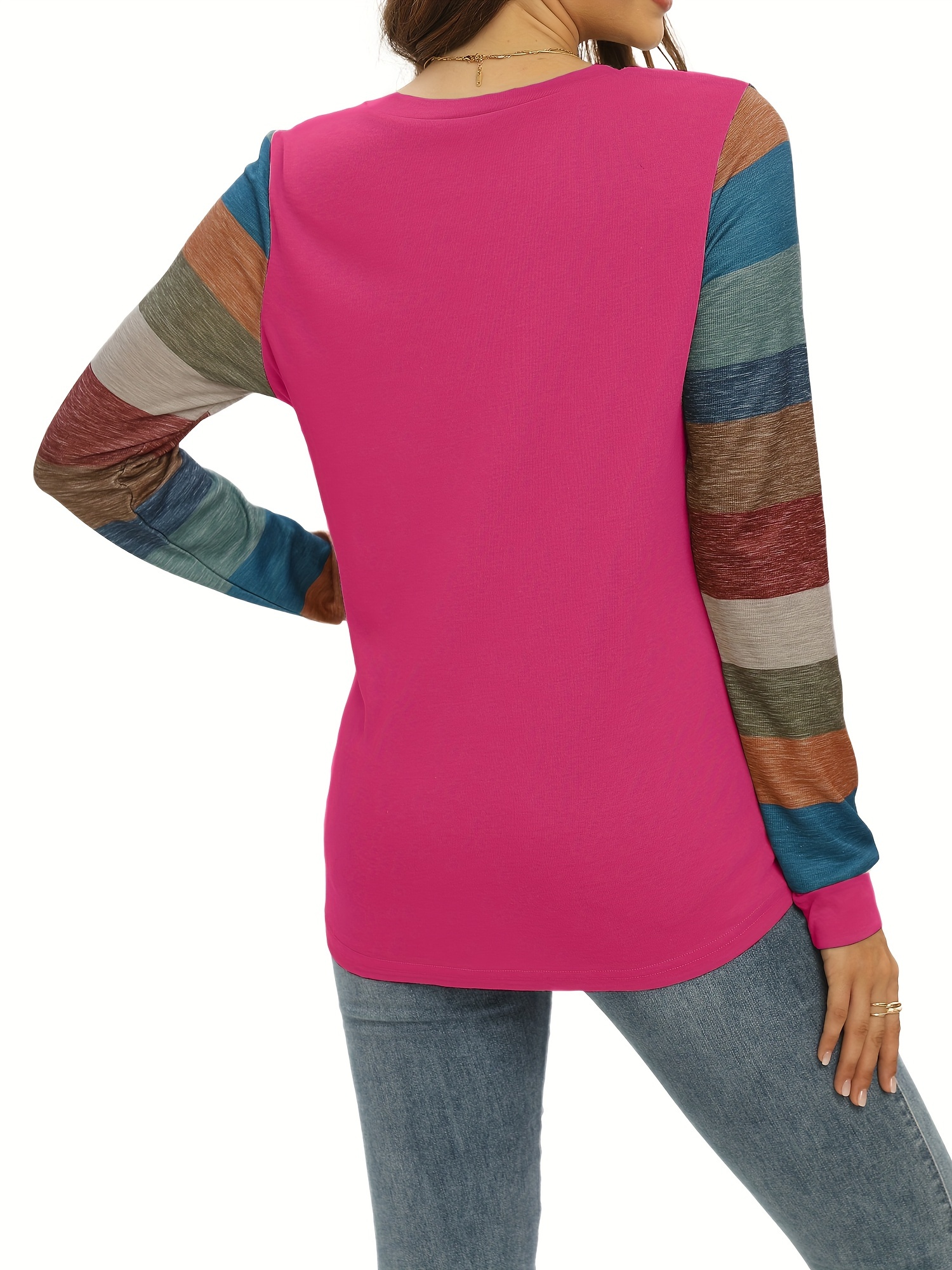 colorblock stripe print v neck t shirt casual button front long sleeve top for spring fall womens clothing rose red 1