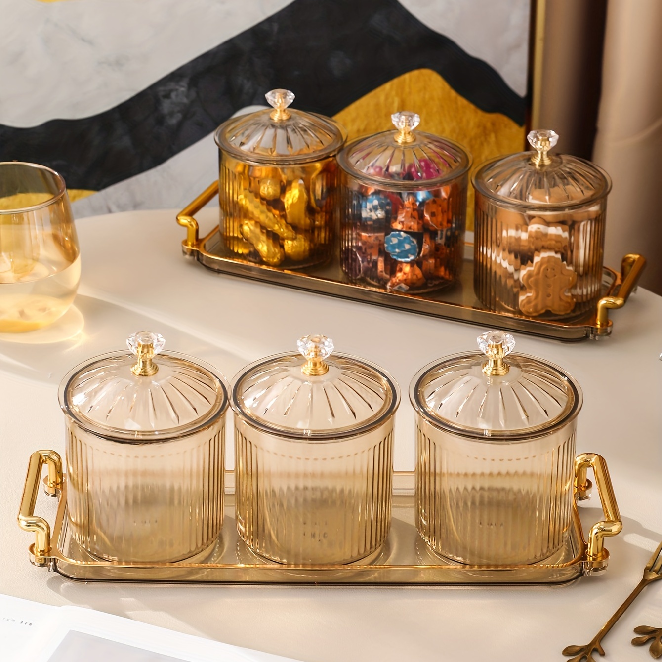 Modern Amber Grid Striped Glass Jar Food Seal Bottle Fruit Pickle Pot  Coffee Bean Tea Candy