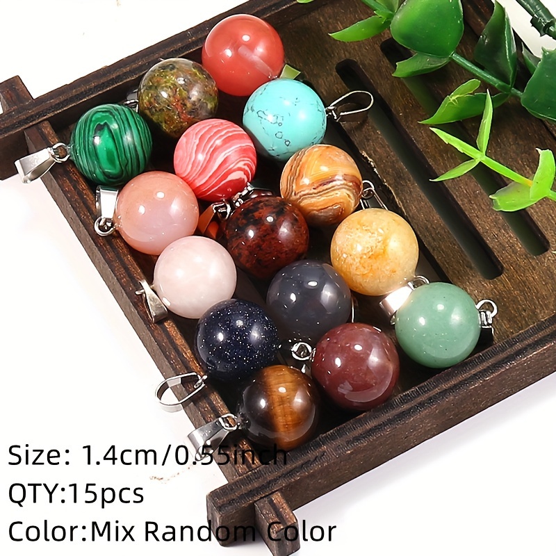 15pcs Natural Stone Round Pendant - Round Ball Pendant For Necklaces Jewelry Making