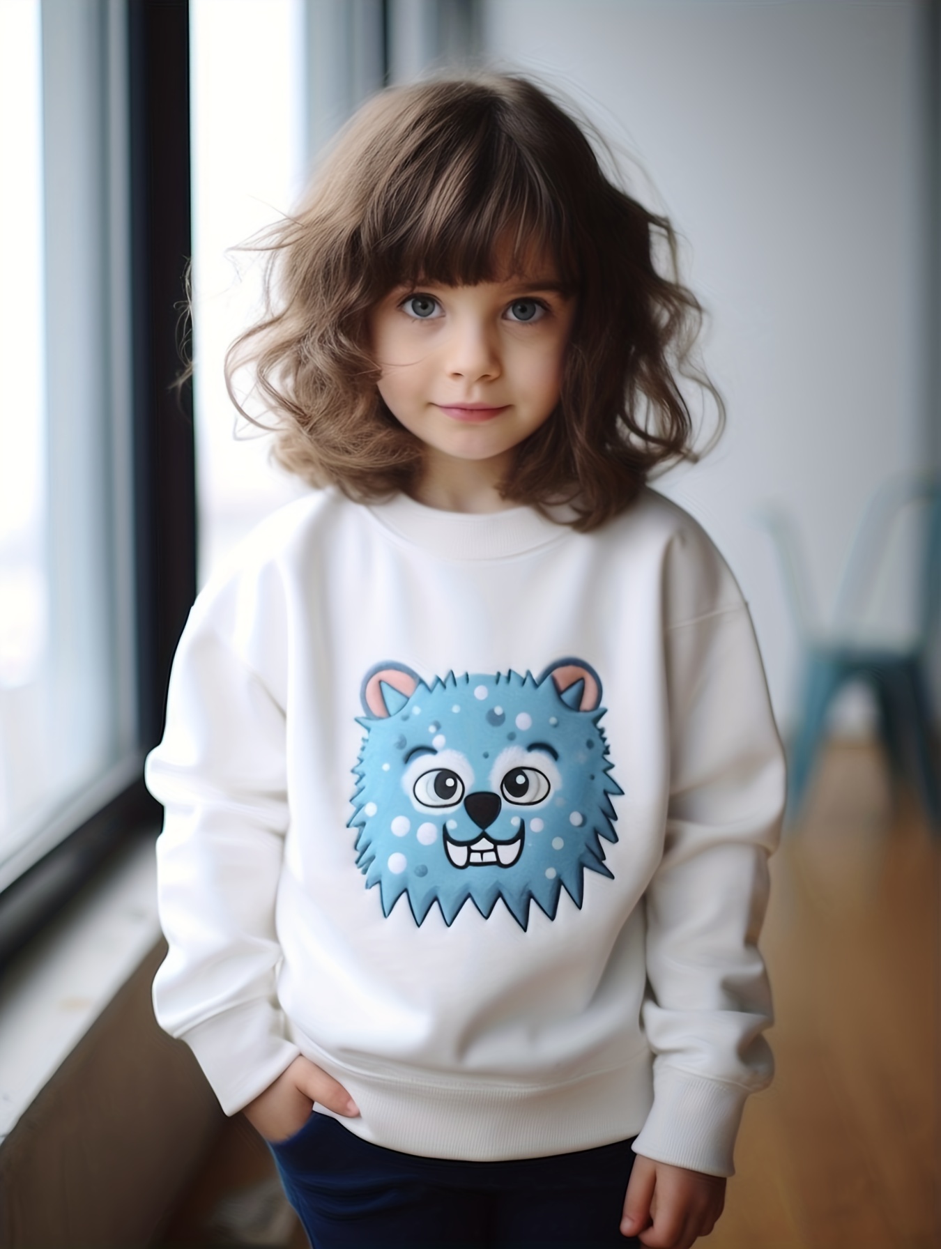 Girls Cartoon ''funny Blue Monster'' Print Round Neck Sweatshirt