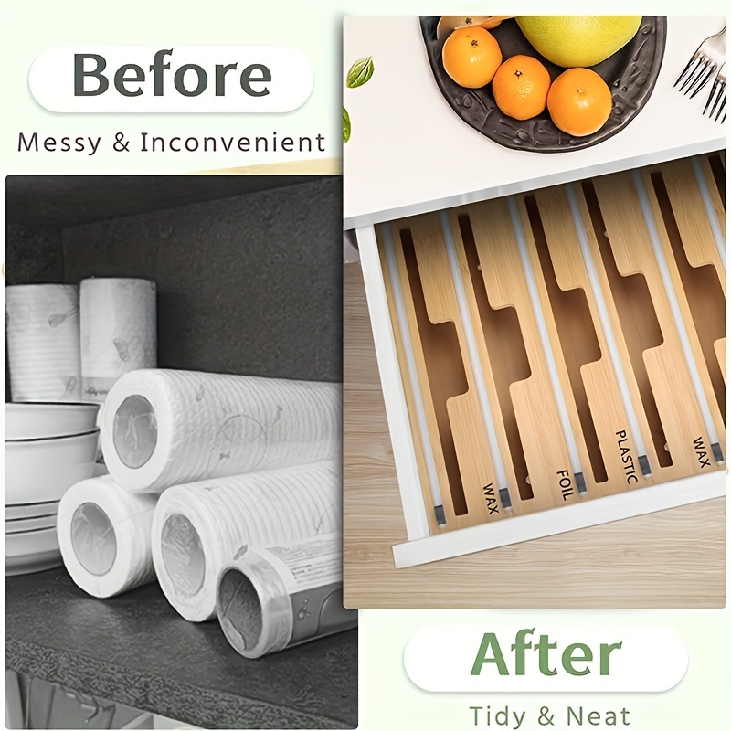 3-in-1 Bamboo Plastic Wrap Dispenser with Cutter, Foil & Plastic Wrap Organizer