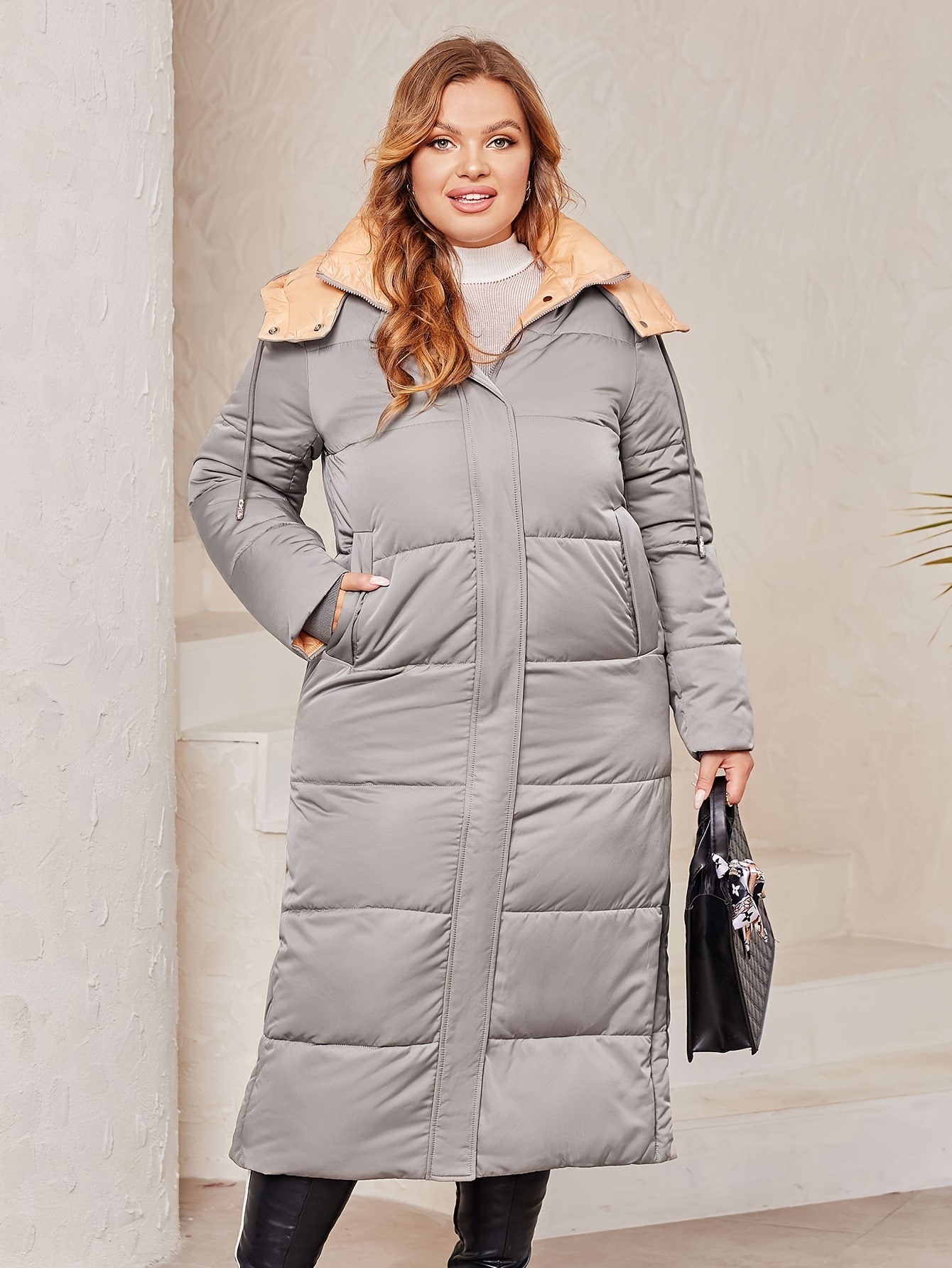 Plus Size Casual Winter Coat, Women's Plus Solid Quilted Long Sleeve Zip Up  Snap Button Hooded Drawstring Longline Puffer Coat