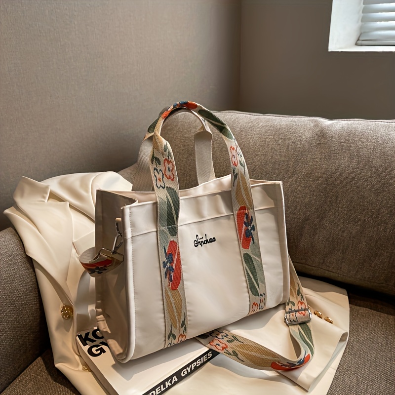 Fashion Canvas Tote Handbag, Lightweight Shoulder Bag With Detachable  Flower Print Strap - Temu Italy