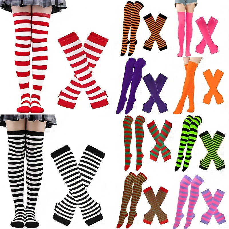 

Socks And Gloves Set, Fashion Striped Arm Sleeve Fingerless Gloves And Thigh High Socks For Cosplay And Parties, Halloween And Christmas Gifts