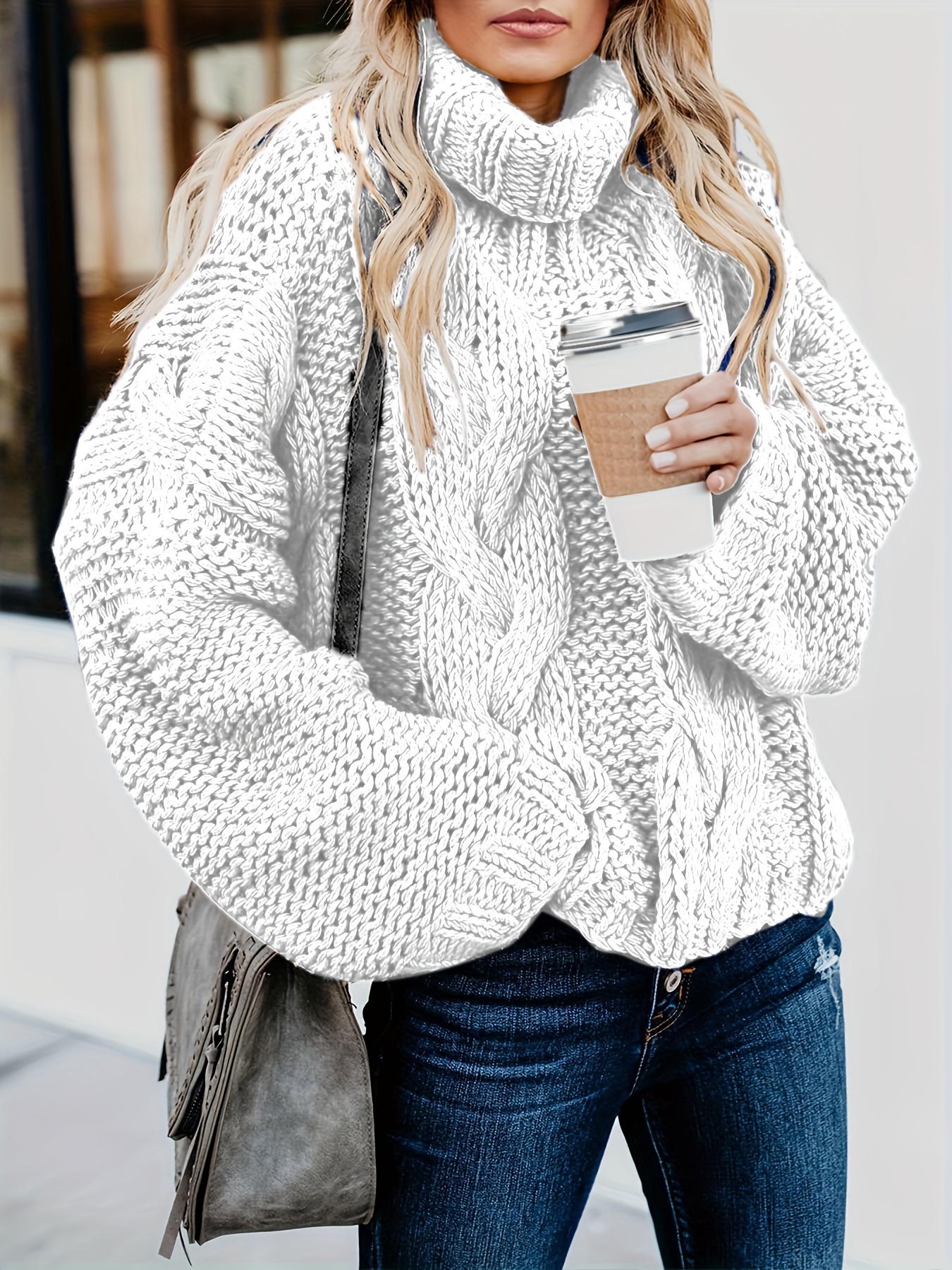 Solid Cable Knit Turtleneck Sweater Versatile Long Sleeve - Temu