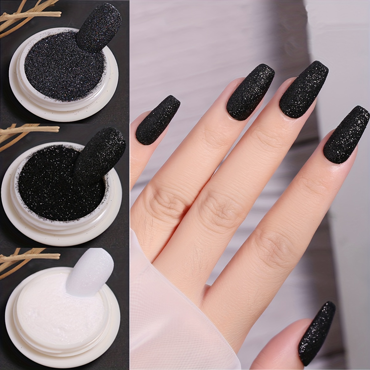 Black shiny and matte nail design with black sugar nail art. 