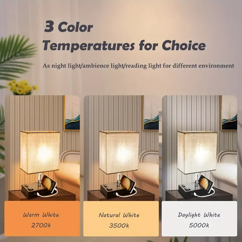 1pc 3-Color Temperature Bedside Lamp, Nightstand Lamp Table Lamp, Desk Lamp With 2 USB And AC Outlet, Bedside Phone Stands For Bedroom, Living Room, Office, LED Bulb Included details 1