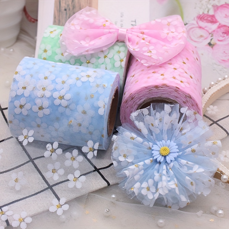 

6cm/2.4inch 5yards Floret Tulle Daisy Ribbon Roll Diy Handmade Craft Hair Ornament Baking Cherry Blossoms Printed Mesh Fabric Supplies