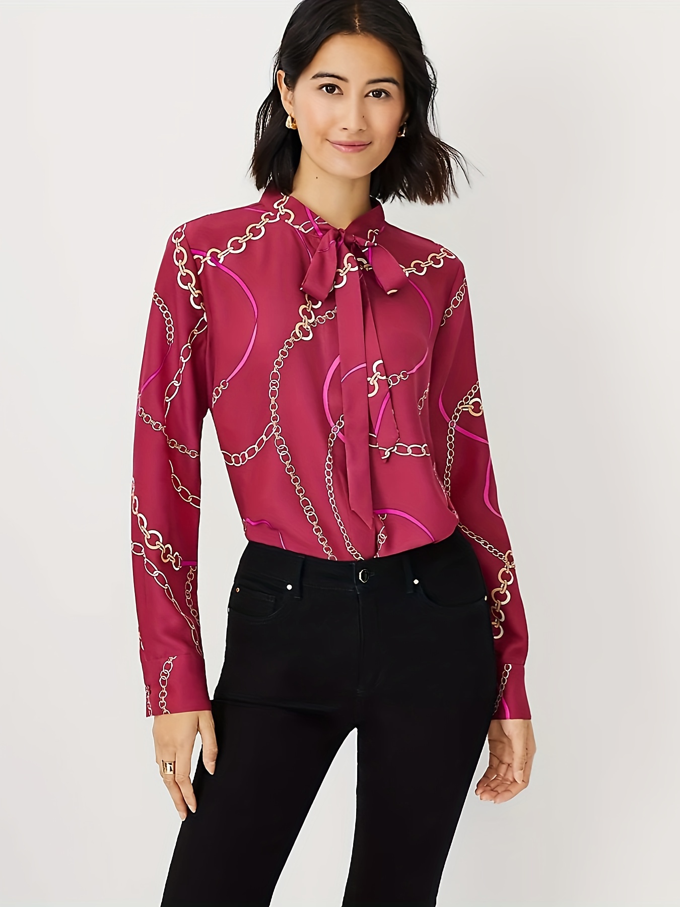 Blusa de mujer Blusa de manga larga cruzada con estampado de cadenas por  toda la prenda