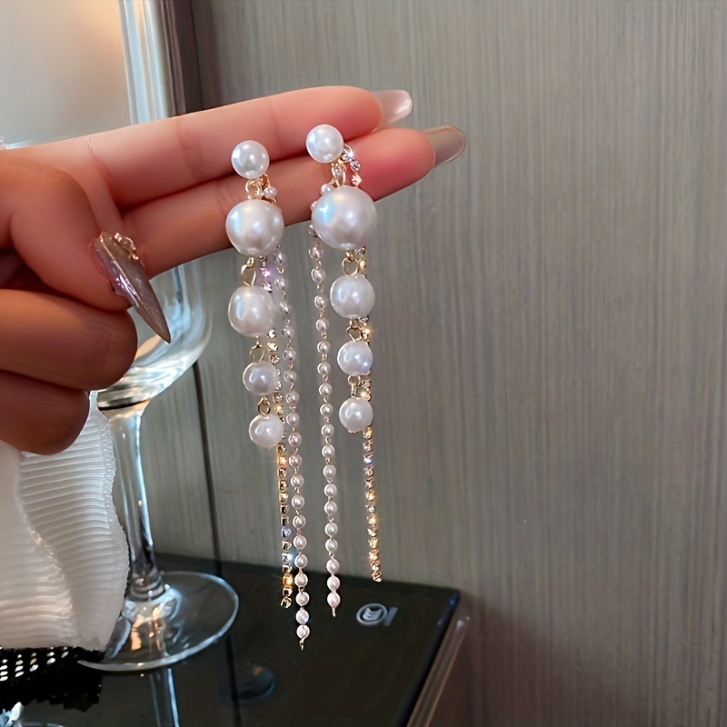 

Faux Pearl Shiny Rhinestone Chain Tassel Design Dangle Earrings Elegant Style Alloy Jewelry Wedding Accessories