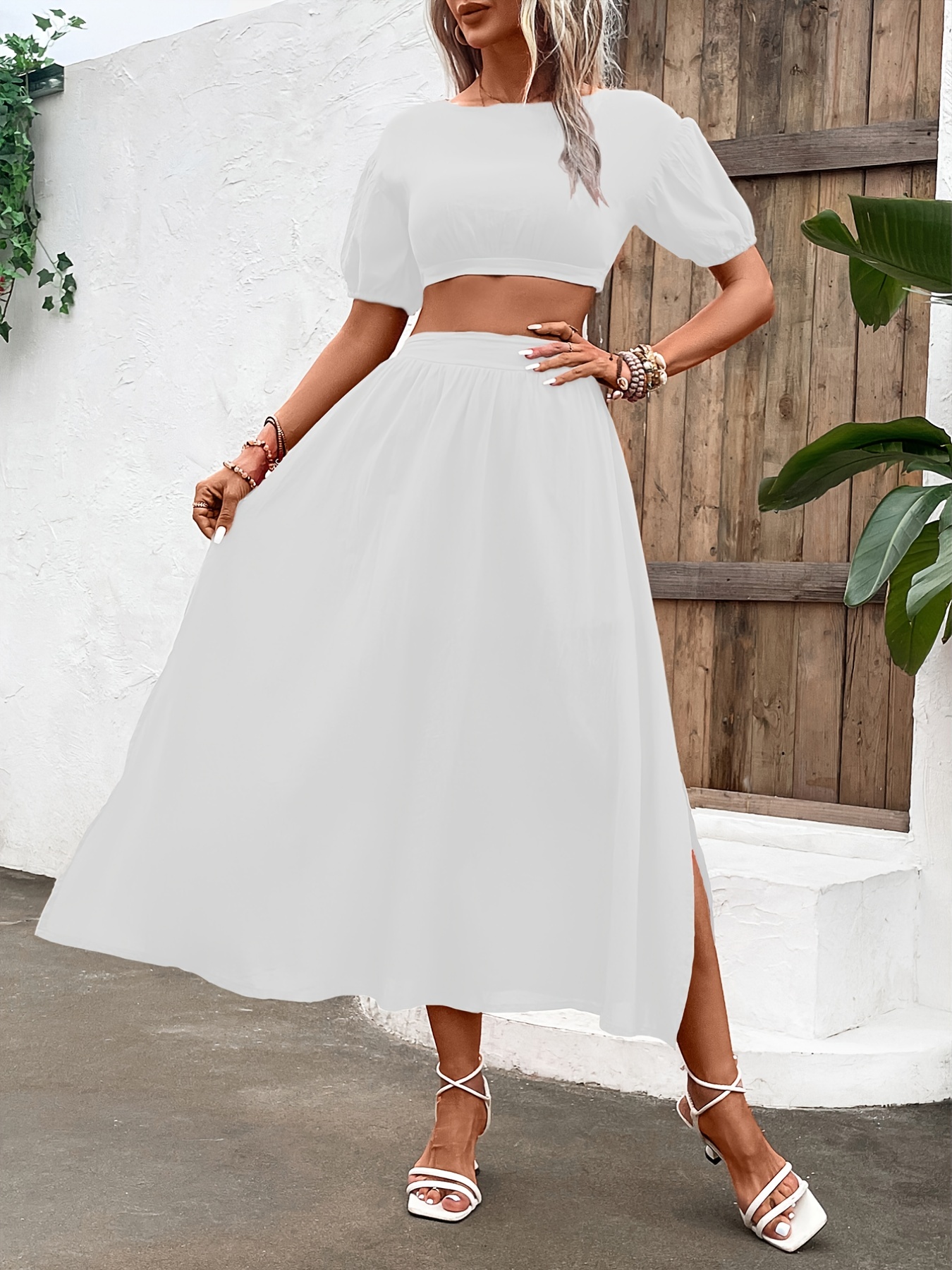Elegant Solid Two piece Skirt Set Backless Crop Cami Top - Temu