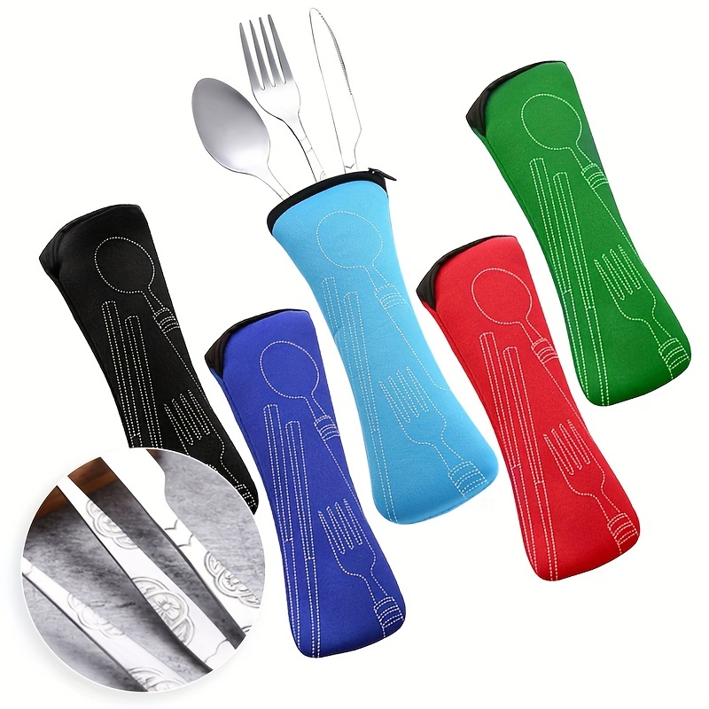3 Pcs/Set Picnic Tableware Portable Stainless Steel Spoon Fork Steak Knife  Set Travel Cutlery Tableware with Bag(4 Color)