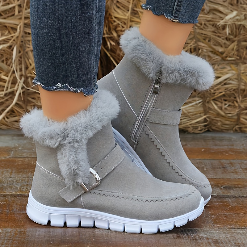 Women's Winter Snow Boots, Round Toe Faux Fur Lining Thermal Mid Calf Boots,  Buckle Design Non-slip Comfortable Outdoor Booties - Temu