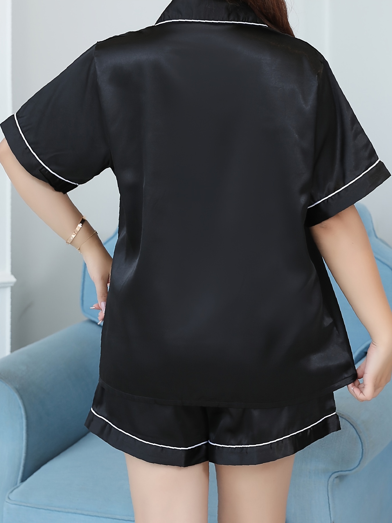 Plus Size Satin Button Front Short Sleeve Top Shorts Pajama - Temu