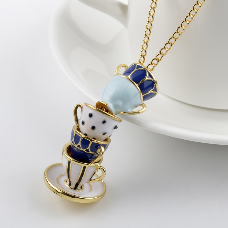 creative vintage enamel glaze tea cup shaped pendant necklace for sweater women mens elegant exquisite friends gifts 0