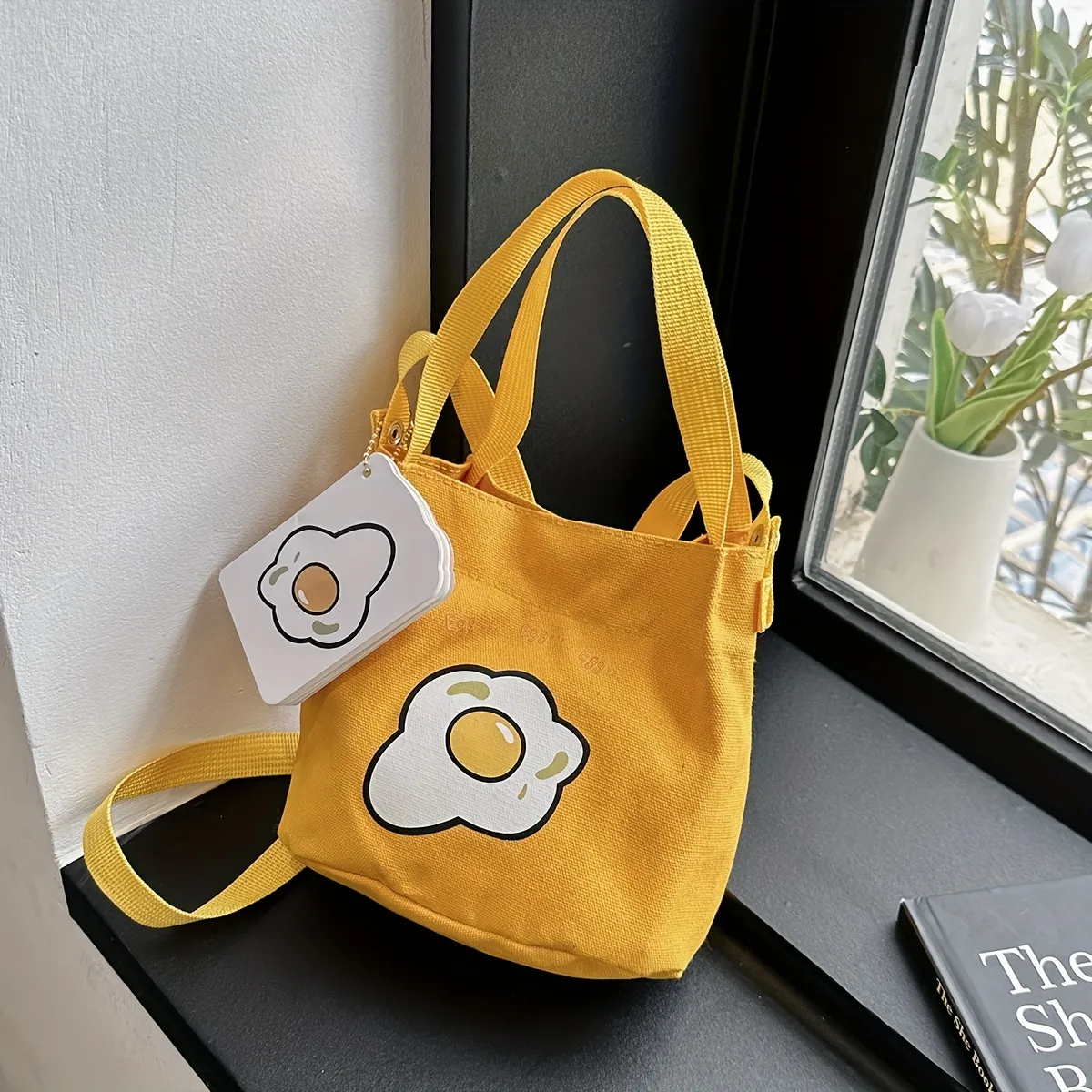 Mini Fried Eggs Print Bucket Bag, Cute Canvas Shoulder Bag