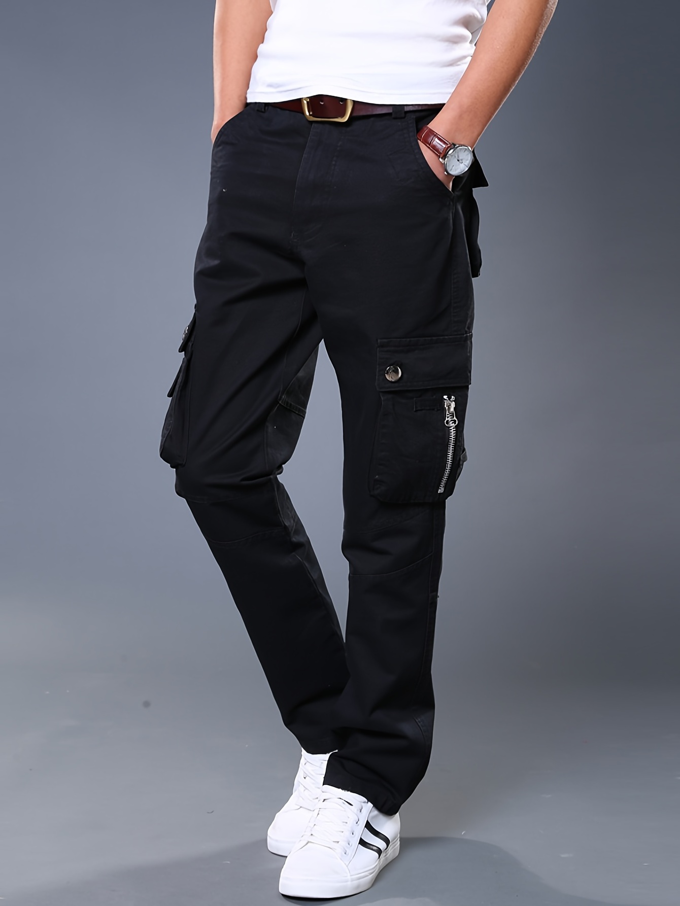 Men's Casual Black Cargo Pants Flap Pockets - Temu Canada