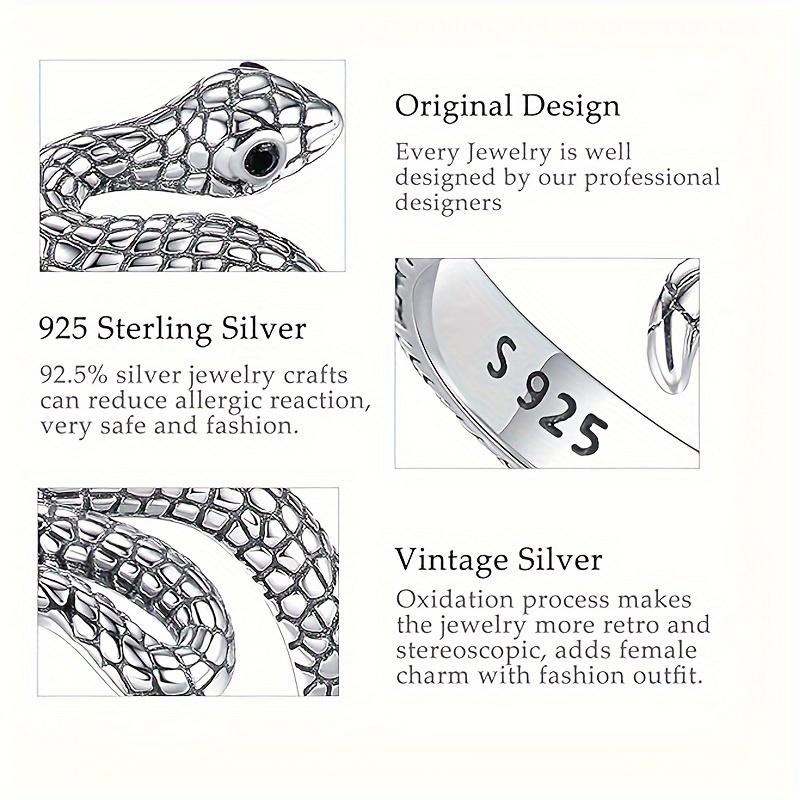 Vintage Punk Style Adjustable Snake Ring, 925 Sterling Silver